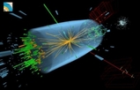 Teilchenspuren nach einer Proton-Proton-Kollision, bei der ein Higgs-Boson erzeugt wurde; aufgezeichnet durch den CMS-Detektor am Beschleuniger LHC des CERN. (Bild: © 2012 CERN / CMS Collaboration)