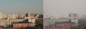 Smog in Peking: Die Aufnahme links entstand am 5. Dezember 2015 um 17 Uhr – die Aufnahme rechts am 6. Dezember 2015 um 14 Uhr. (Fotos: Stefan Norra)