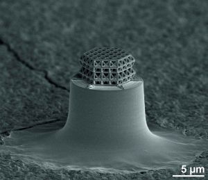 Erst unter dem Mikroskop kann man das weltweit kleinste Fachwerk erkennen, dessen Strebendurchmesser 0,2 und die Gesamtgröße rund 10 Mikrometer betragen. (Bild: J.Bauer/KIT)
