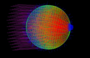 Augapfel im Mini-Format: Das Modell eines Cyanobakteriums zeigt, wie das Licht auf dem Weg durch die Zelle in einem Punkt gebündelt wird. (Bild: Ronald Kampmann/KIT)