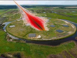 Ein Luftschauer aus vielen Teilchen trifft in dieser Bildmontage auf das Detektorfeld im Kern des Teleskops LOFAR im niederländischen Exloo. (Bild: ASTRON/KIT)