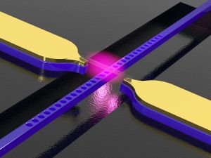 Kohlenstoff-Nanoröhre über einem photonischen Kristall-Wellenleiter mit Elektroden. Die Struktur wandelt elektrische Signale in Licht. (Foto: WWU)
