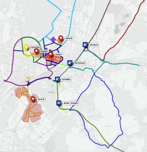 In Stadtvierteln und Strecken in Karlsruhe und Umland sollen automatisiertes und vernetztes Fahren in realen Umgebungen erprobt werden. (Karte: FZI)