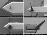 Optimal an spezielle Anforderungen angepasste Sondenspitzen für Rasterkraftmikroskope können nun am KIT mittels Nano-3D-Druck hergestellt werden. (Bilder: KIT)