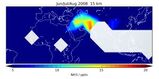 Verteilung des atmosphärischen Ammoniakgehalts im Juni, Juli und August 2008 in 15 Kilometer Höhe aus MIPAS Beobachtungen. Helle Gebiete sind Messlücken aufgrund hoher Bewölkung. (Abbildung: Michael Höpfner/KIT) 