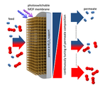 Eine MOF-Membran mit eingebauten Fotoschaltern trennt Moleküle. Über die Lichteinstrahlung lässt sich der Trennfaktor stufenlos einstellen. (Abbildung: Alexander Knebel/Universität Hannover und Lars Heinke/KIT) 