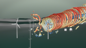 This still image from the video visualizes wind flows of a turbine on the WINSENT wind energy test field. (Image: 2Dmedia/WindFors)