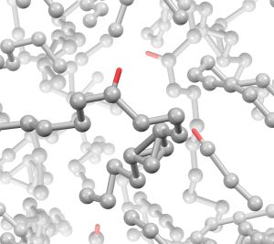 Pyrolytischer magnetischer Kohlenstoff (PMC): Das Modell zeigt die für die magnetischen Eigenschaften verantwortlichen ungepaarten Elektronenspins (rot). (Abbildung: Swati Sharma) 