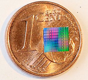 Kreisförmige Siliziumnitrid-Mikroresonatoren auf einem Chip im Vergleich mit einer Cent-Münze. (Bild: J. N. Kemal/ P. Marin Palomo/KIT)