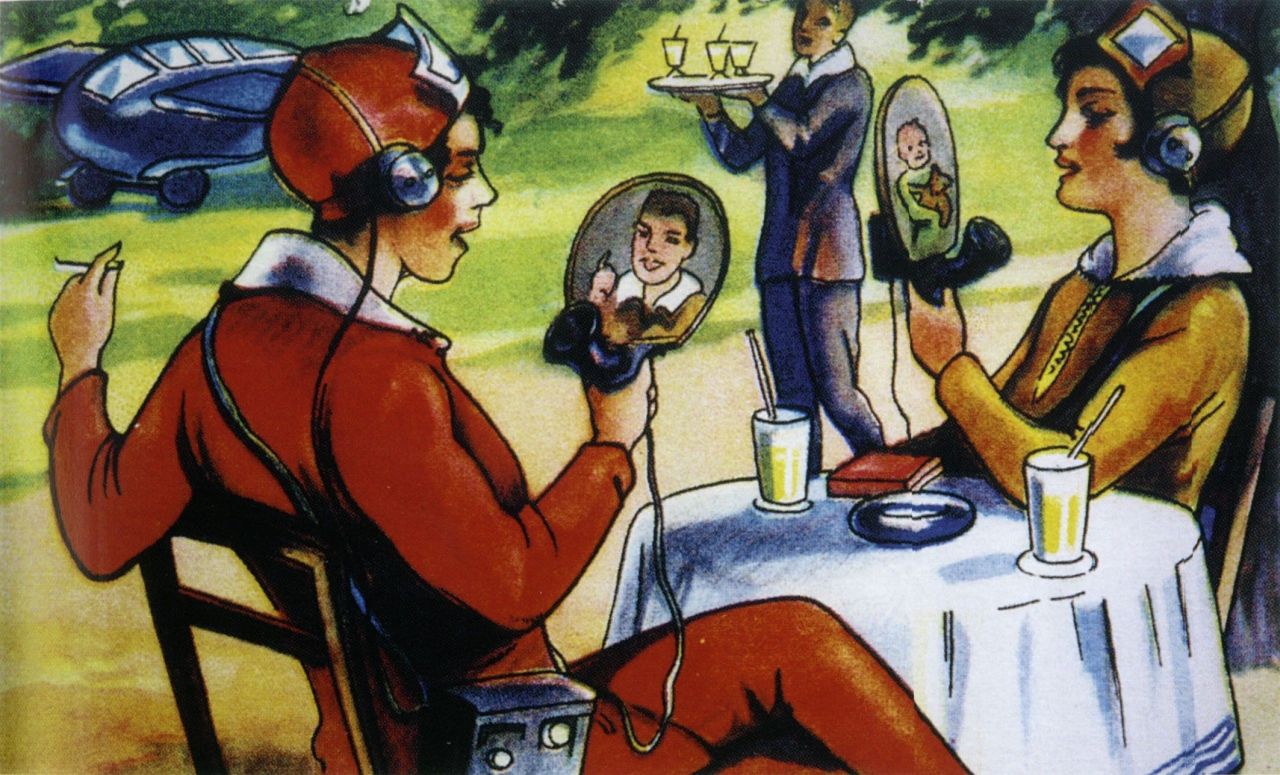 Eine Technikzukunft aus der Vergangenheit: Ein Margarinehersteller warb 1930 mit dieser Vision der mondänen Frau der Zukunft beim mobilen Bildtelefonat. (Bild: LWL-Freilichtmuseum Detmold).