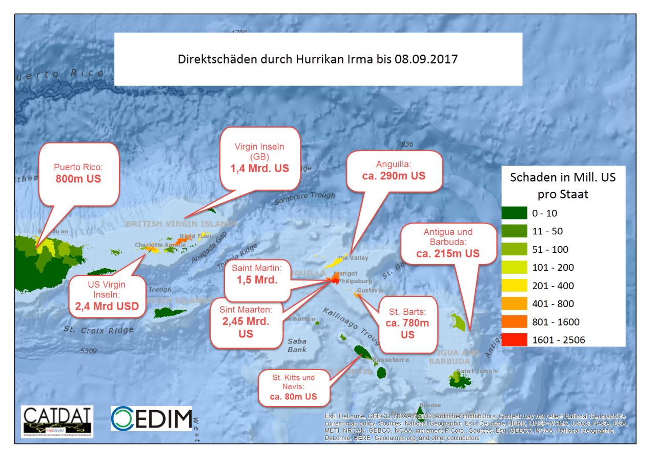 Damage caused by hurricane Irma in the Caribbean in billion US$. (Image: CEDIM/KIT) 