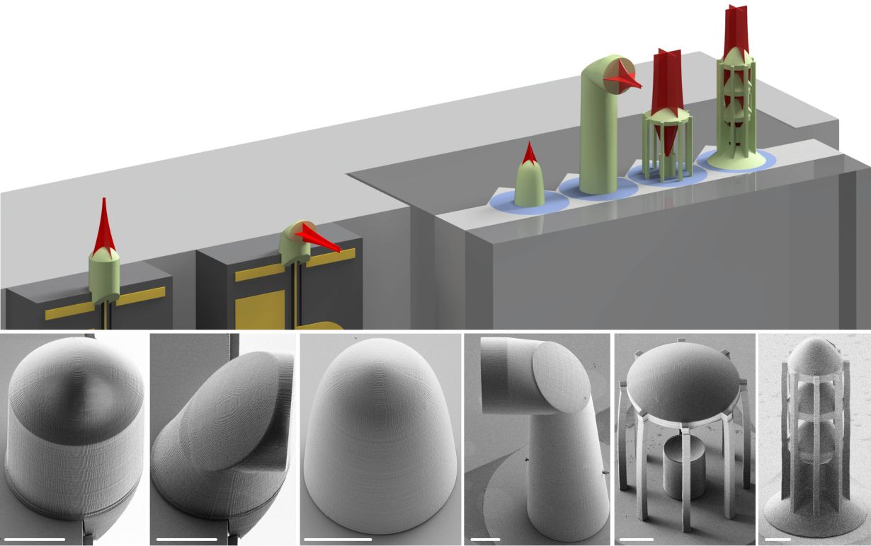 Microlenses and micromirrors can be produced on optical fibers and microchips by 3D nanoprinting. This considerably facilitates assembly of photonic systems. (Fig-ure: Philipp-Immanuel Dietrich/Florian Rupp/Paul Abaffy, KIT)