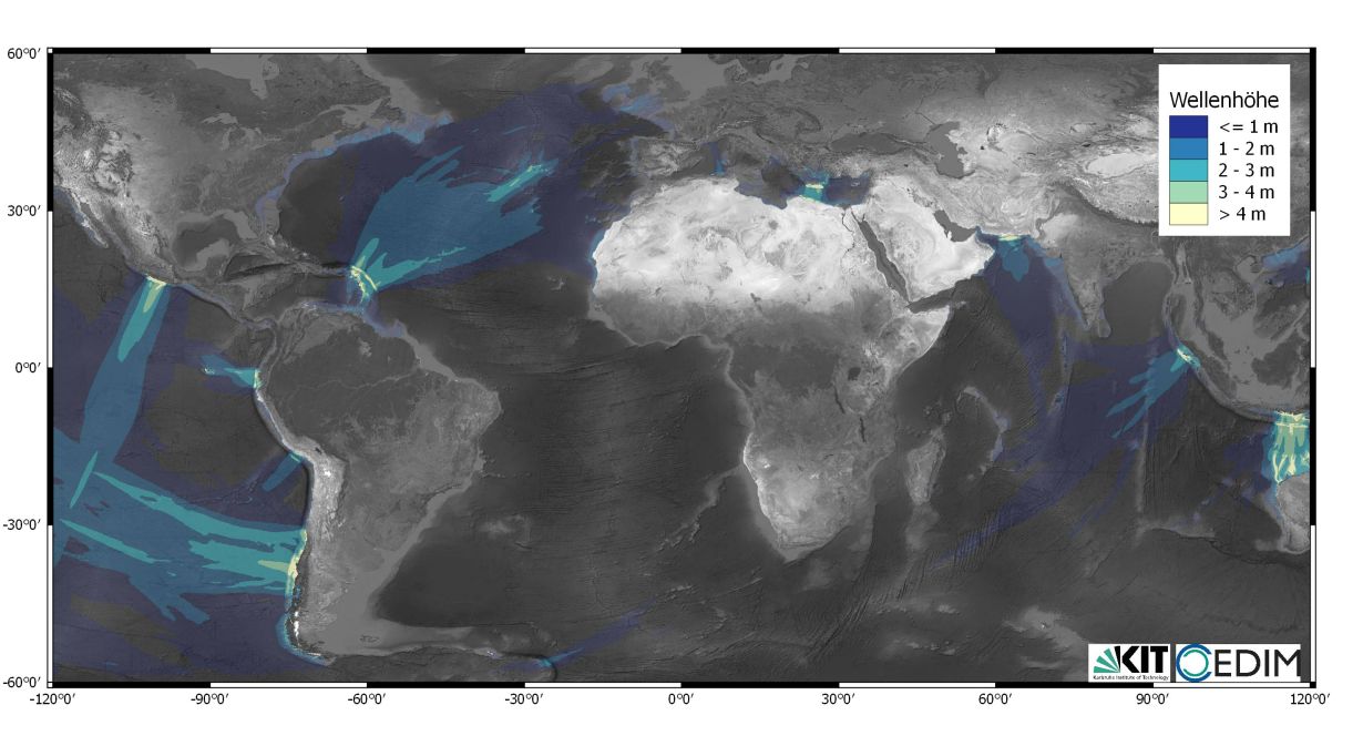 Simulated tsunamis showing their maximum potential wave heights. (Photo: Andreas Schaefer, KIT) 