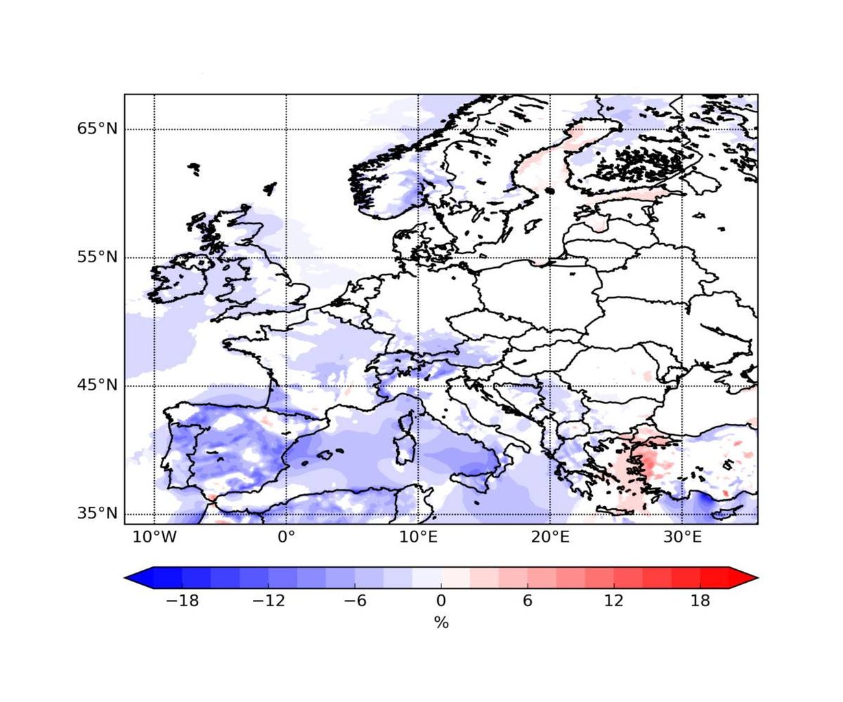 Änderungen der mittleren jährlichen Windstromproduktion (Eout, in Prozent) in Europa 2071 bis 2100 im Vergleich zu 1971 bis 2000. (Abb. aus Moemken et al. (2018), bearbeitet von J. Mömken, KIT)