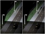 Der Camouflage-Effekt (links) lässt Fußgänger trotz guter Beleuchtung für Autofahrer unsichtbar werden. Intelligent vernetzte Auto- und Straßenbeleuchtung kann den Effekt aufheben (rechts) und mehr Sicherheit bringen. (Foto: Markus Breig, KIT)