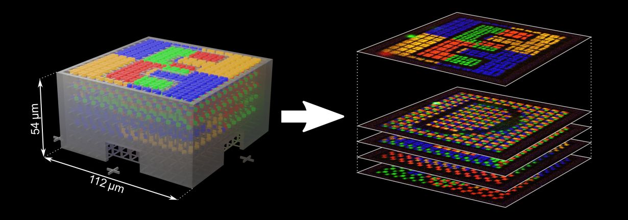 Mehrfarbig fluoreszierendes Sicherheitsmerkmal im Computerdesign (links) und seine einzelnen Ebenen unter dem Laser-Scanning-Mikroskop (rechts). (Abbildung: Frederik Mayer, KIT)