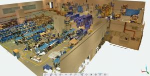 3D-Modell einer Produktionshalle. Mittels der „Click & Build“-Technik können solche 3D-Objekte einfach erstellt werden (Abbildung: Industrie 4.0 Collaboration Lab, KIT).