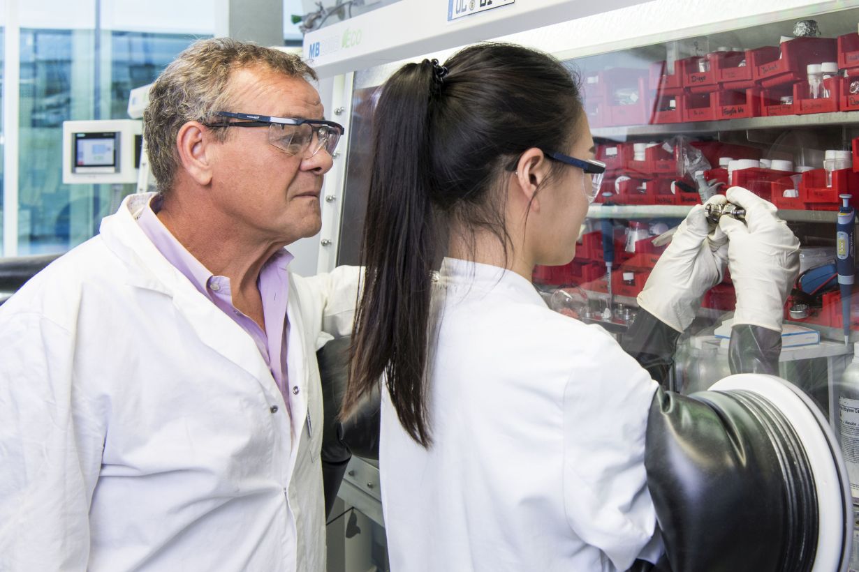 Professor Stefano Passerini und seine Mitarbeiterin Hyein Moon setzen an einer Handschuhbox eine Natrium-Ionen-Batterie zusammen. (Foto: Amadeus Bramsiepe, KIT)