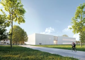 Animationsansicht der Karlsruher Forschungsfabrik auf dem Campus Ost des KIT (Abbildung: Heinle, Wischer und Partner, Freie Architekten)  