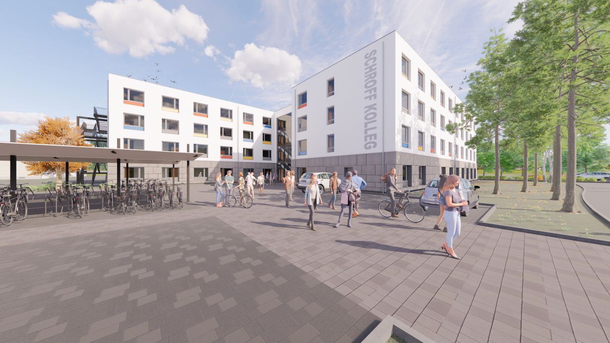 Construction of the Schroff Kolleg will start at the end of August 2020, which would allow the students to move in by spring 2022. (Illustration: HEBERGER Hoch,- Tief- und Ingenieurbau GmbH)