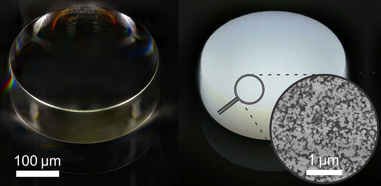 Color change: The right microcylinder printed with the novel photoresist appears white, because light is scattered in its sponge-like structure, whereas the cylinder printed with conventional photoresist appears transparent. (Figure: 3DMM2O)