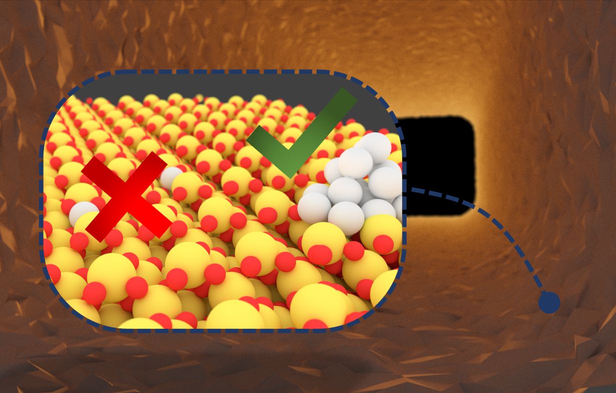 Schematic representation of a noble metal catalyst with inactive single atoms (left) and active clusters (right; noble metal: white; carrier metal: yellow; oxygen: red). (Graphics: Florian Maurer, KIT)