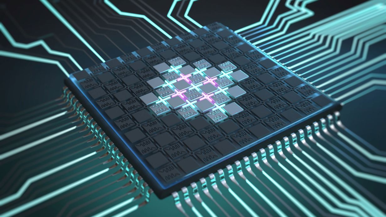 Visualisierung eines Quantenprozessors: In seinem Kern steckt ein Chip, auf dem supraleitende Qubits wie auf einem Schachbrettmuster angeordnet sind. (Abb.: Christoph Hohmann)