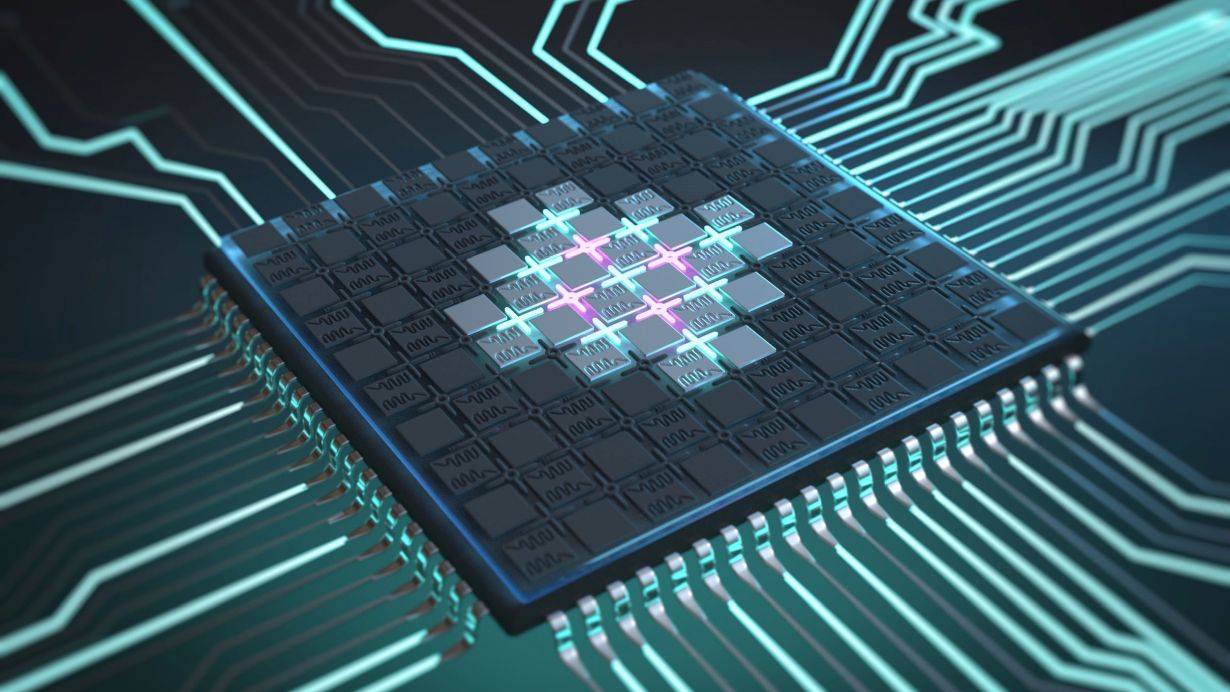Christoph Hohmann Visualization of a quantum processor: Its core contains a chip on which superconducting qubits are arranged in a checkered pattern. (Figure: Christoph Hohmann)