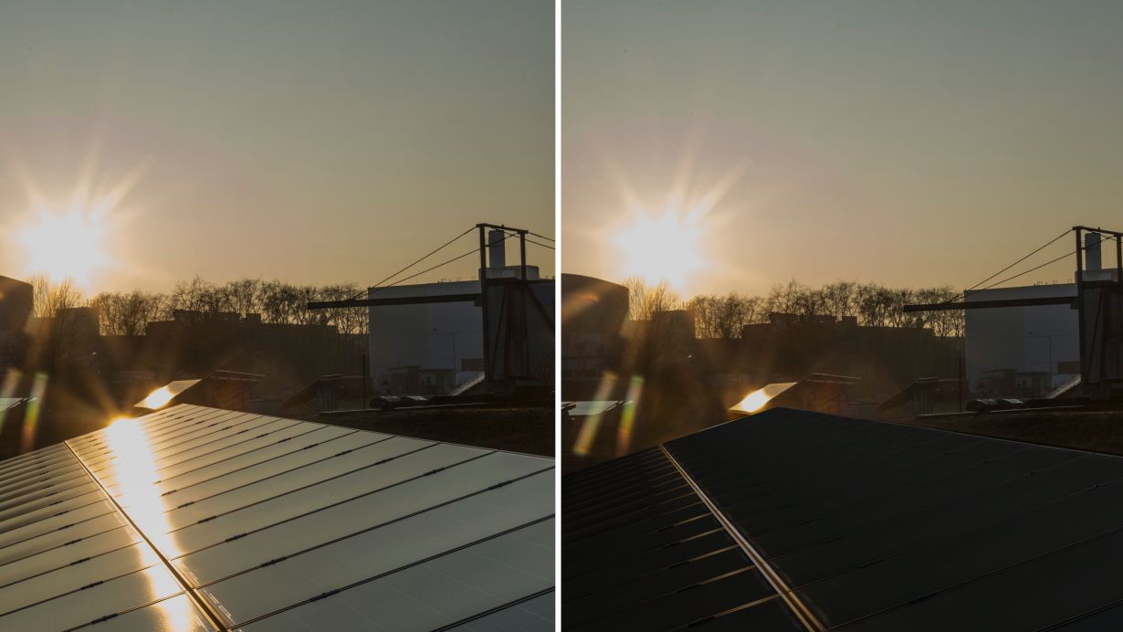 Solarmodule ohne (links) und mit (rechts; visualisiert) Phytonics Folie. Die Folie unterdrückt die Reflexion für alle Wellenlängen und Einfallswinkel des Lichts fast komplett. (Fotos: Andrea Fabry; Bearbeitung: Phytonics) 