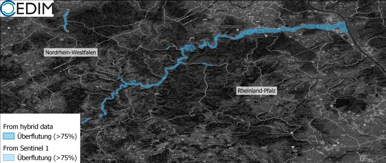 Estimated flooded area (> 75% of the area affected) in the district of Ahrweiler and in particular along River Ahr. (Figure: Andreas Schäfer, CEDIM/KIT) 