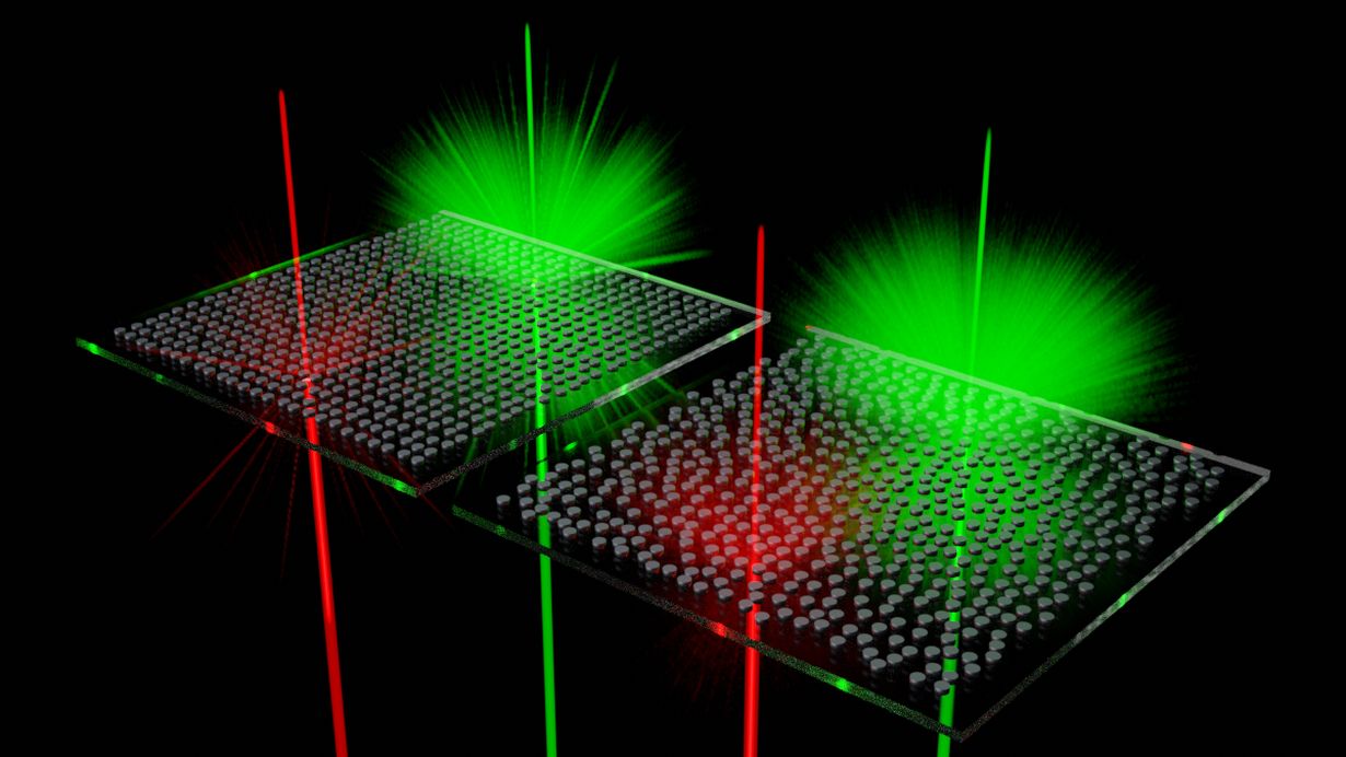Die Streuzentren – Silizium-Nanopartikel, hier als schwarze Scheiben dargestellt – auf dem transparenten Substrat streuen (einstellbar) bestimmte Farben von Licht; andere Wellenlängen werden nicht beeinflusst. (Grafik: Dennis Arslan, Universität Jena)