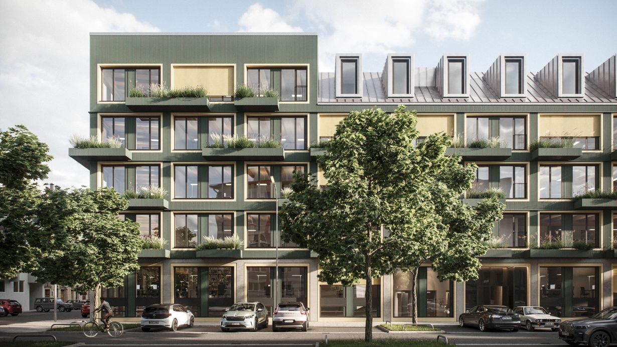 Referenzprojekt der Studie ist das Wohn- und Bürogebäude „Vinzent“ in München, ein in Realisierung befindlicher Holzhybridbau mit farbiger, begrünter Fassade (Bild: Bauwerk)