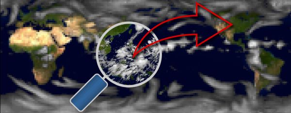 World map with magnifying glass on wind streams