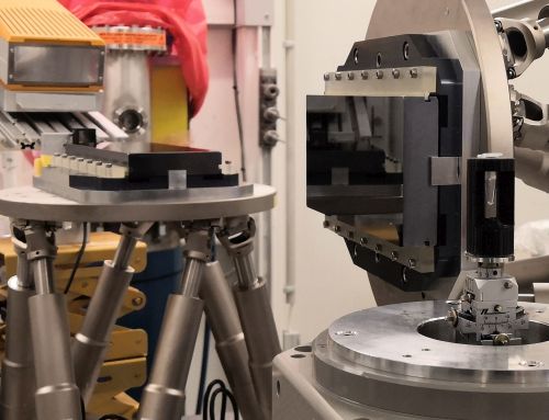 Experimenteller Aufbau der dosiseffizienten Röntgen-Bildgebungsmethode: Die Röntgenstrahlen durchleuchten die Probe (rechts), werden durch ein Bragg-Mikroskop vergrößert, das aus zwei Siliziumkristallen besteht (Mitte) und mit einem effizienten photonenzählenden Detektor aufgenommen (links) (Foto: Rebecca Spiecker, KIT)