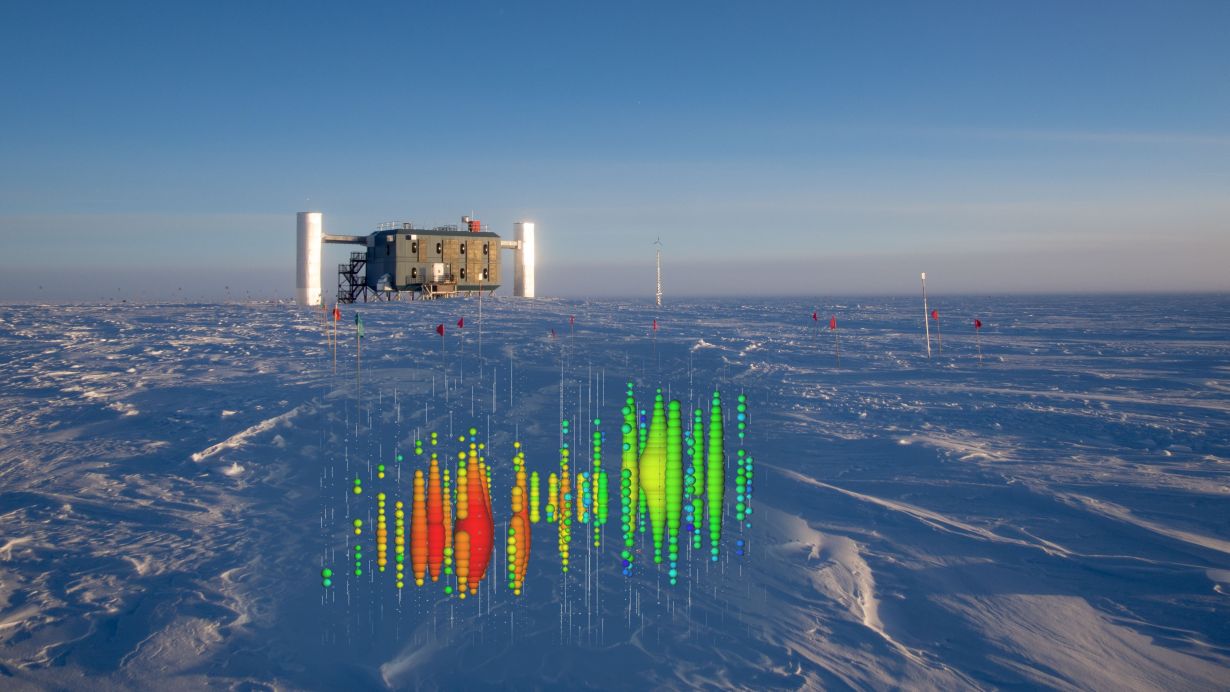 IceCube Observatory at the Amundsen-Scott South Pole Stationwith a colorful data visualization in the foreground.