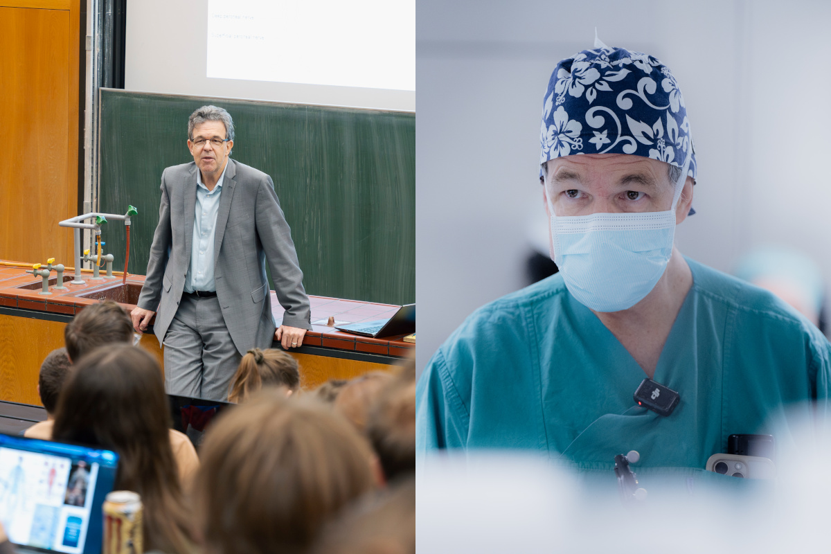 Zweiteiliges Porträt von Uwe Spetzger als Dozent im Hörsaal und als Chirurg in OP-Kleidung.